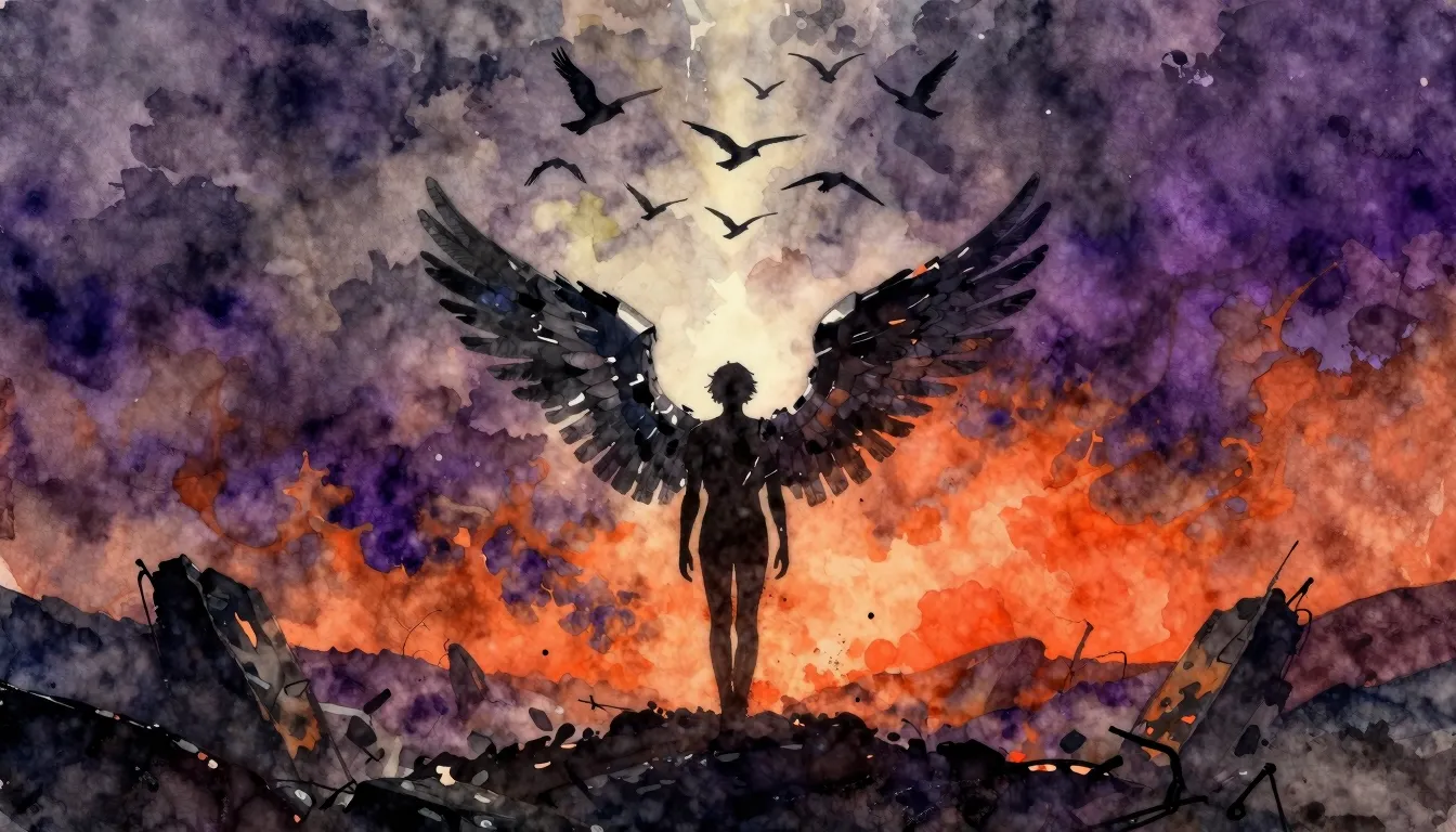 Vibrant watercolor style. Rock opera album cover. Dark, dram...