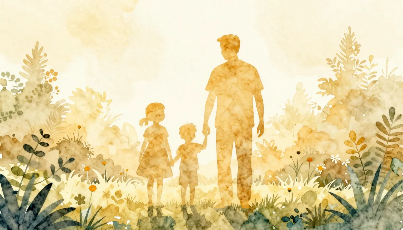 Watercolor style. Silhouette of a happy family with two chil...