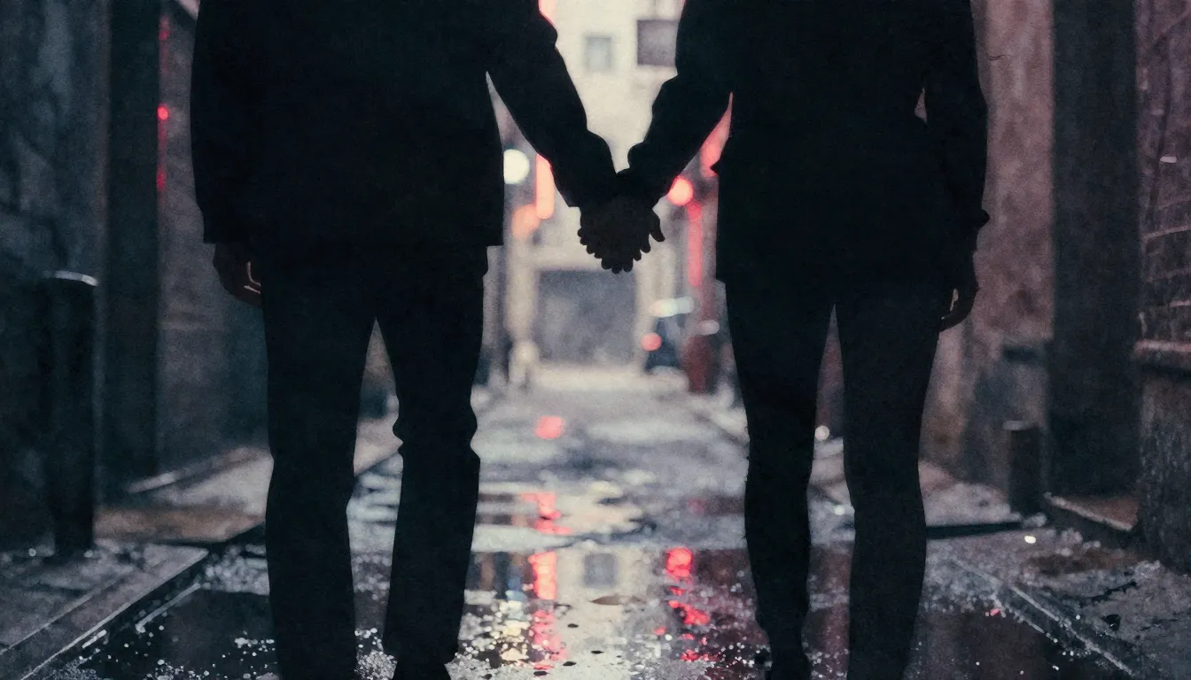 Watercolor style. A dark urban alleyway with two silhouettes...