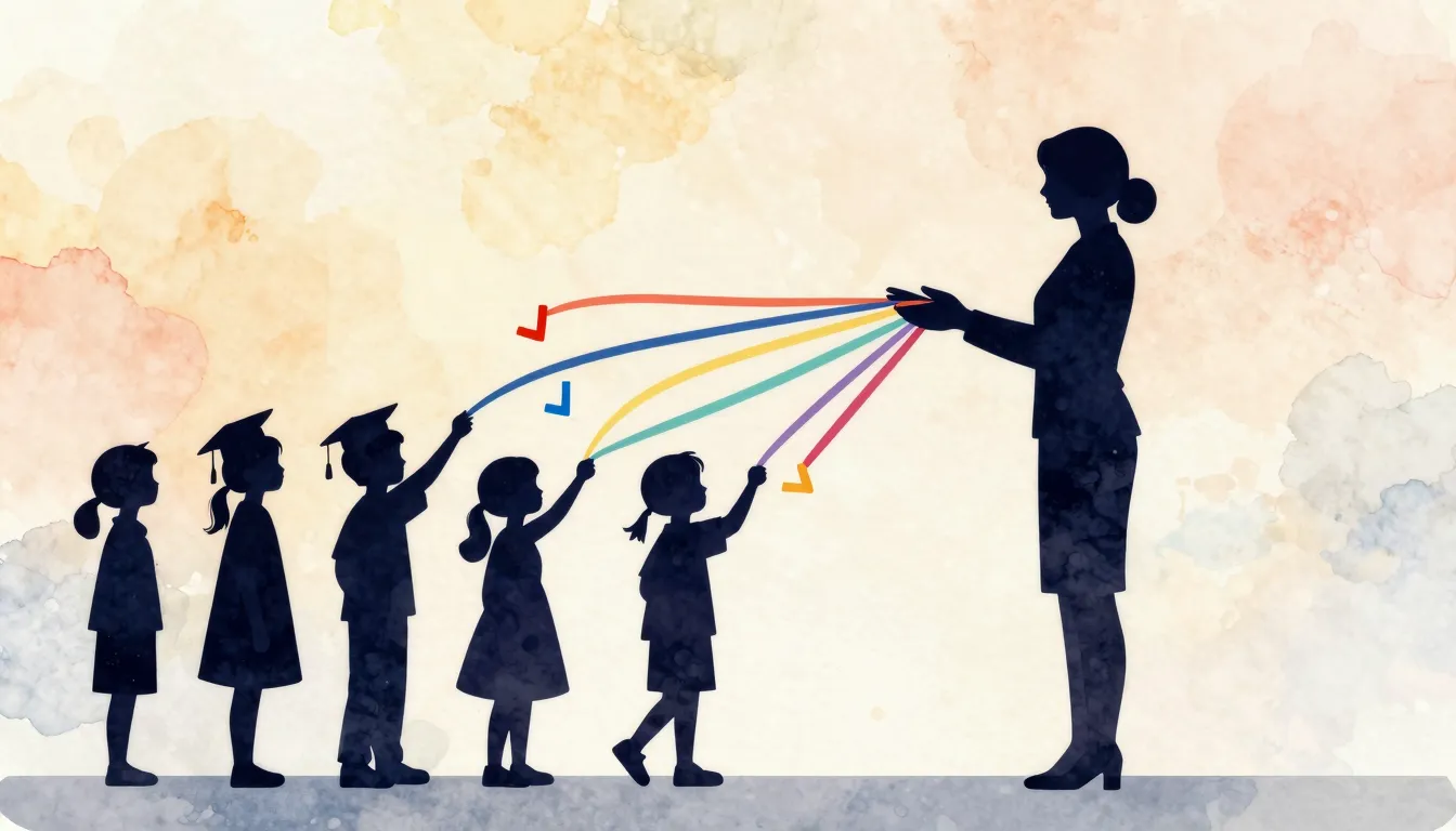 Watercolor style. Silhouette of a teacher holding many color...
