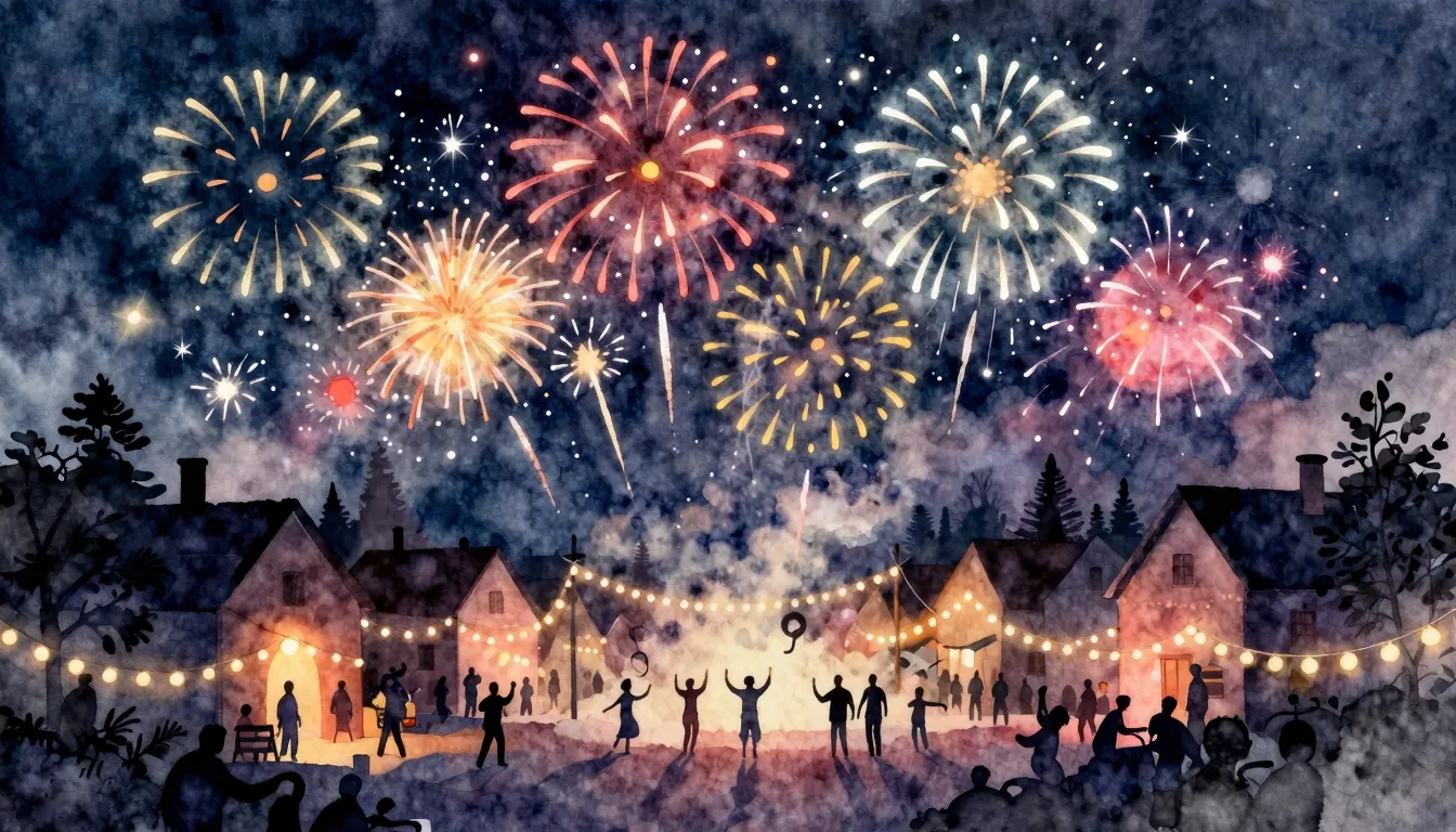 Watercolor style. A silhouette of a festive village celebrat...