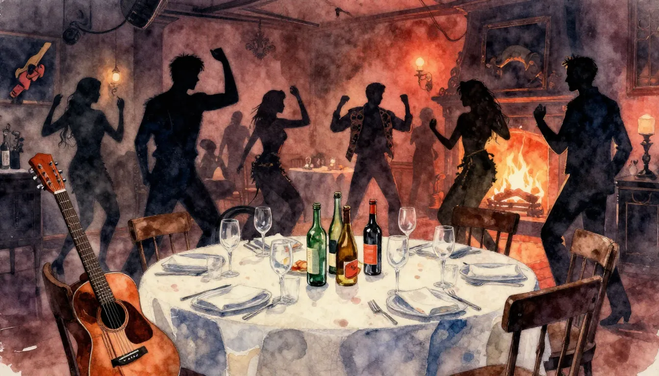 Watercolor style. A chaotic banquet table with empty bottles...