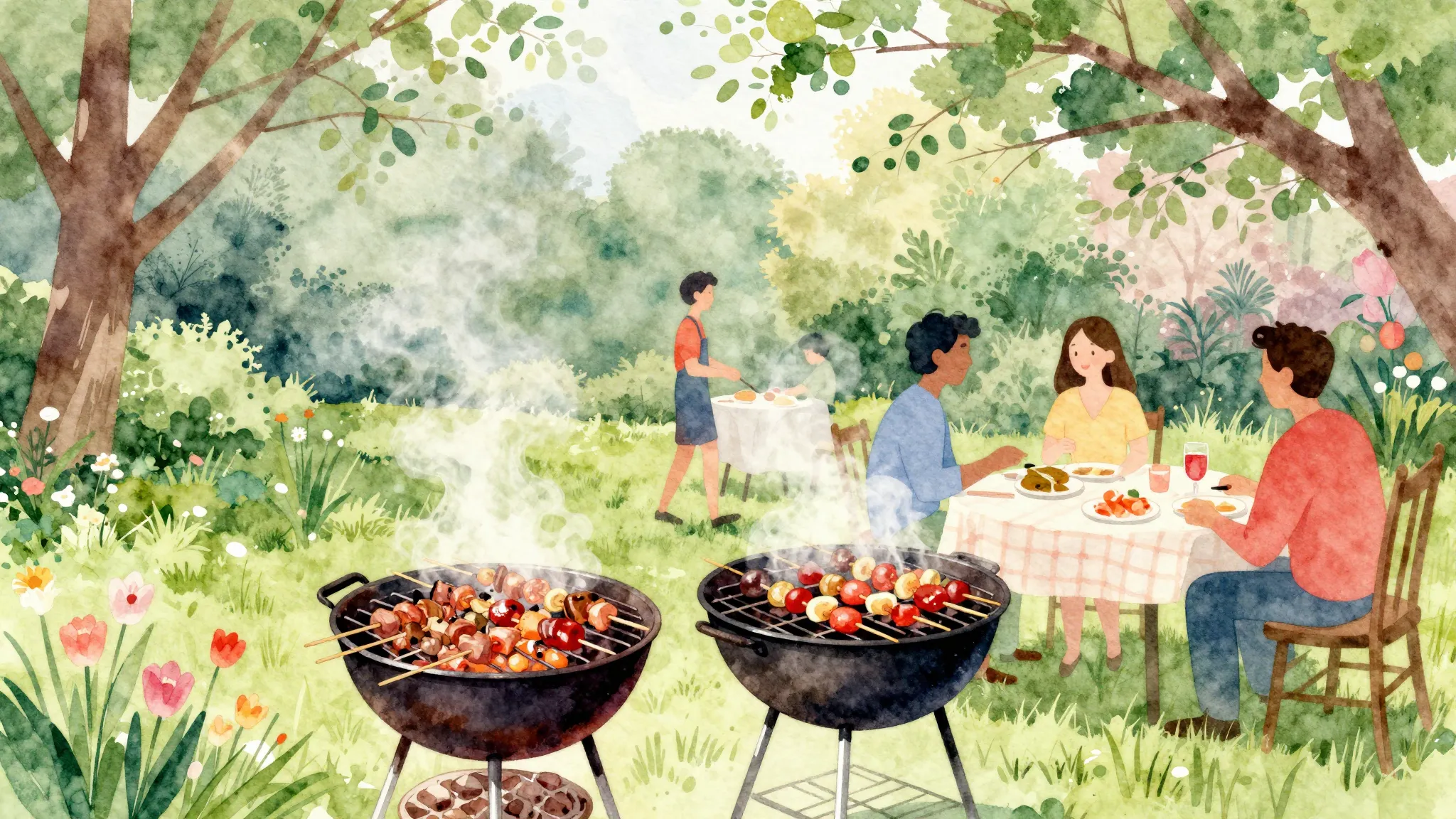 Vibrant watercolor style. Spring BBQ party, skewers, grill, ...