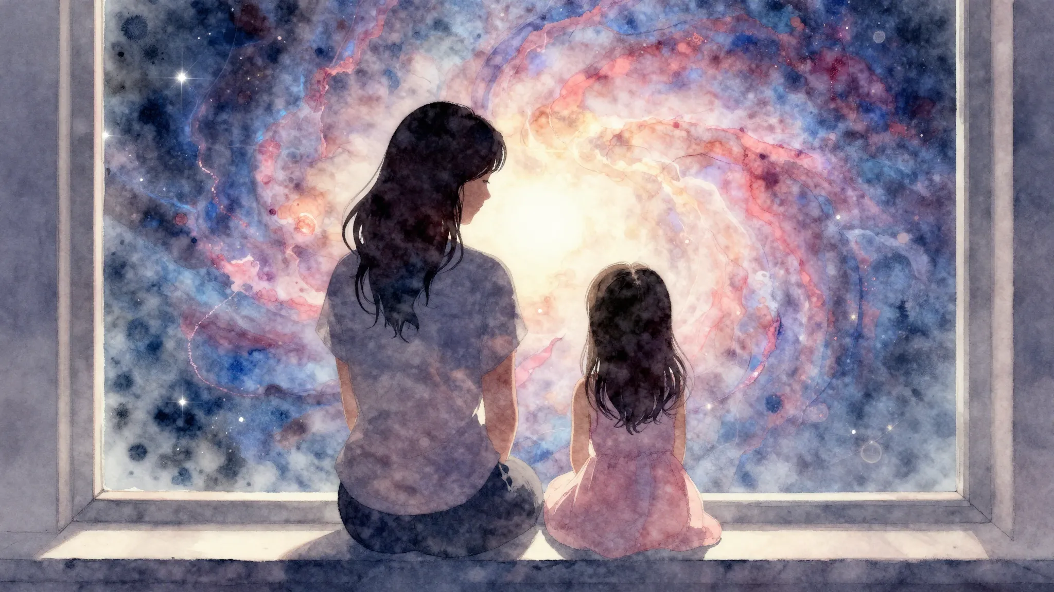 Watercolor style. A silhouette of a mother and a small girl ...