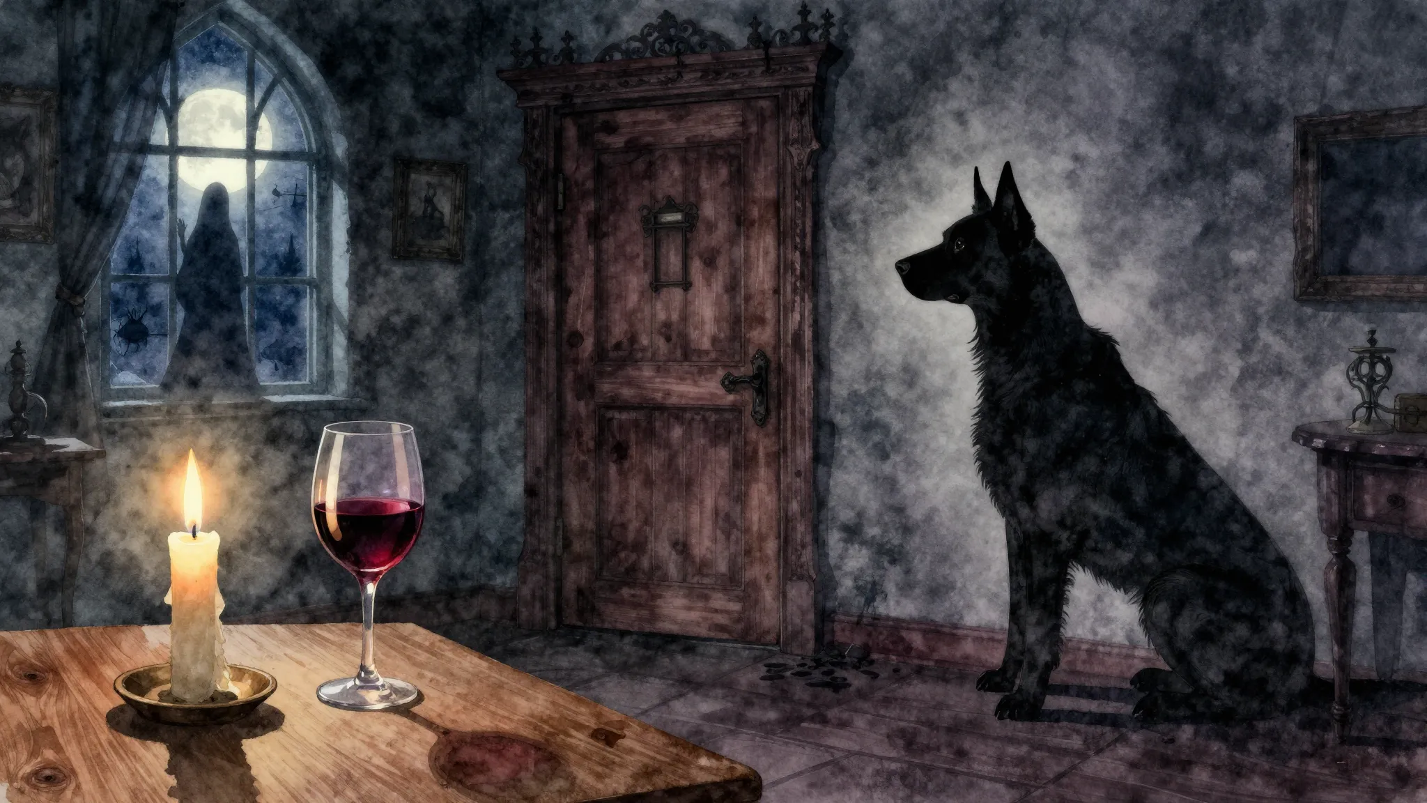 Watercolor style. A dark room with a single burning candle o...
