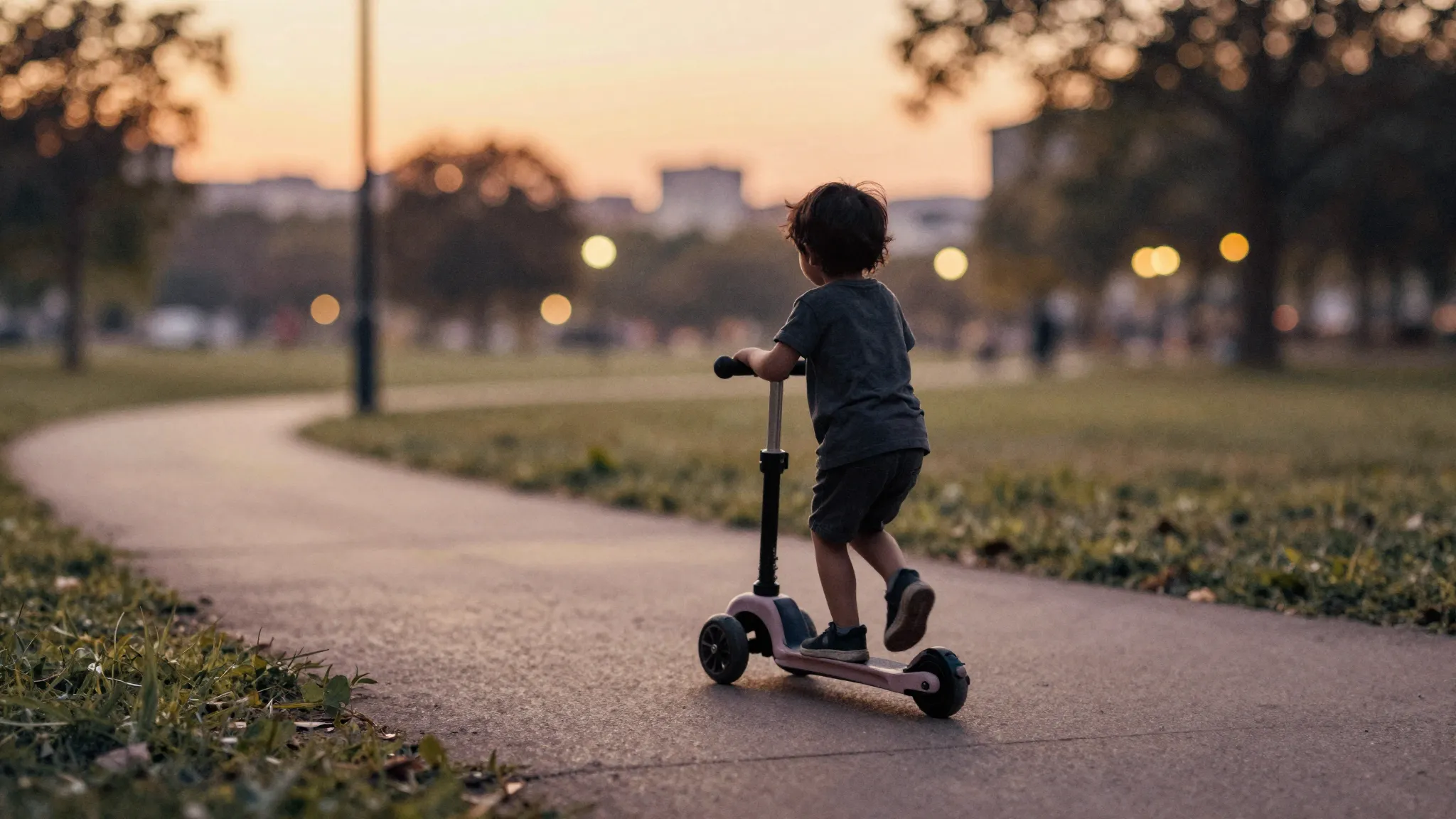 Watercolor style. Silhouette of a small child riding a kick ...