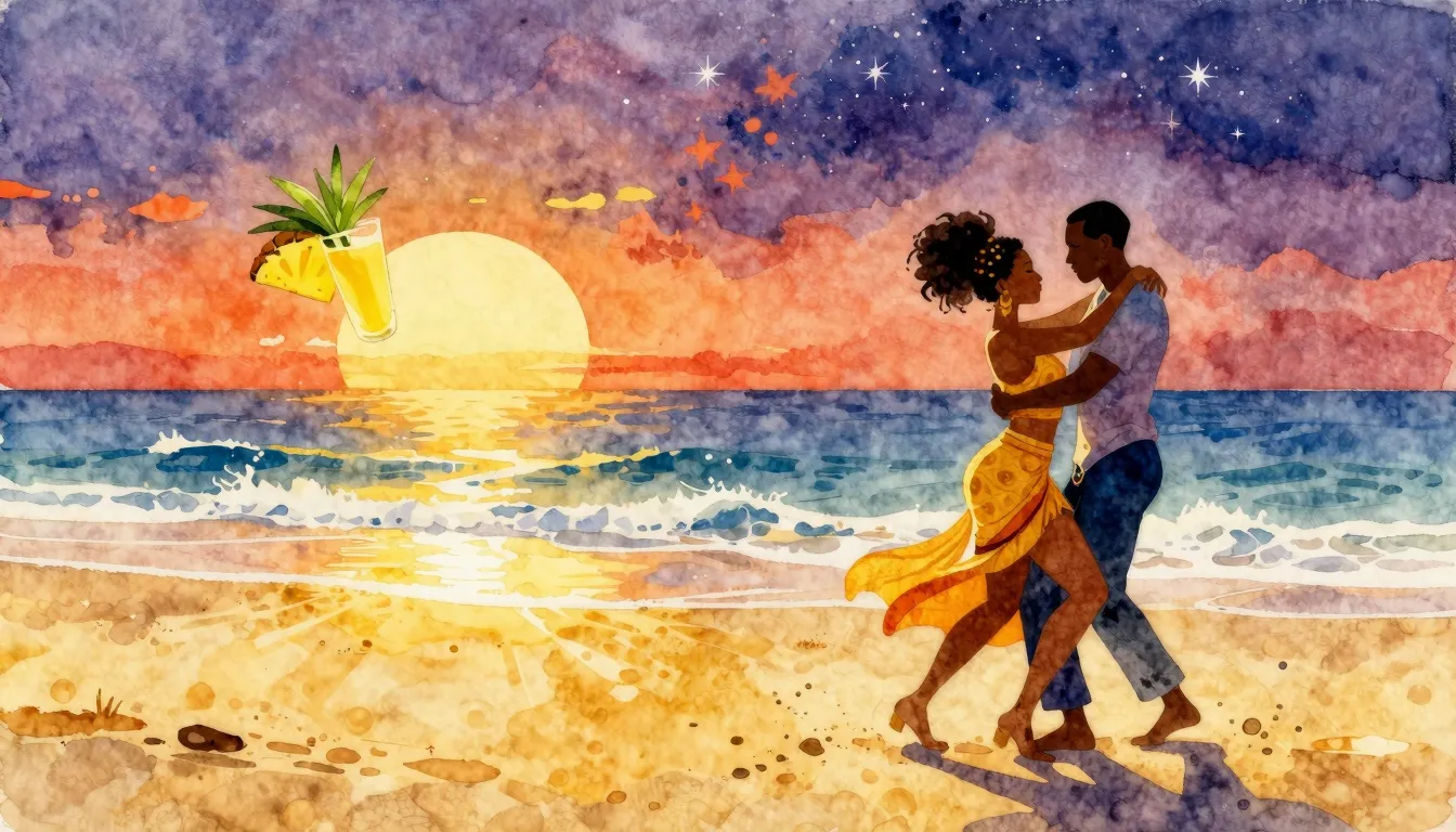 Vibrant watercolor style. Afro-Cuban dance music album cover...