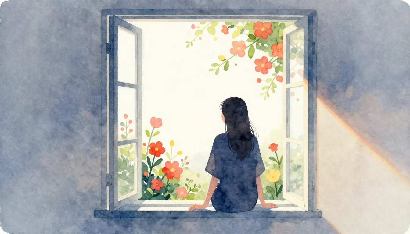 Watercolor style. Silhouette of a person standing by an open...