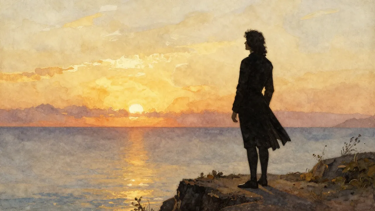 Watercolor style. A silhouette of a romantic poet standing o...
