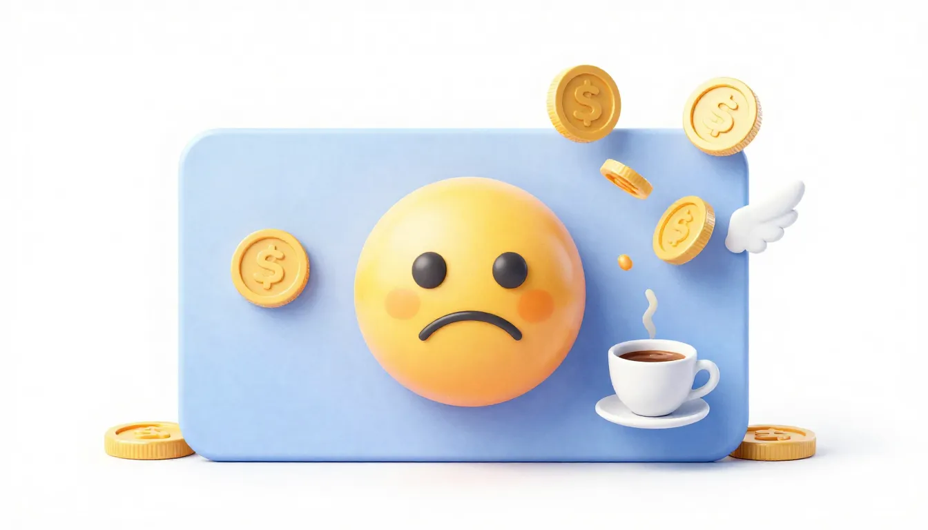 Watercolor style. A credit card with a sad face emoji, a tin...