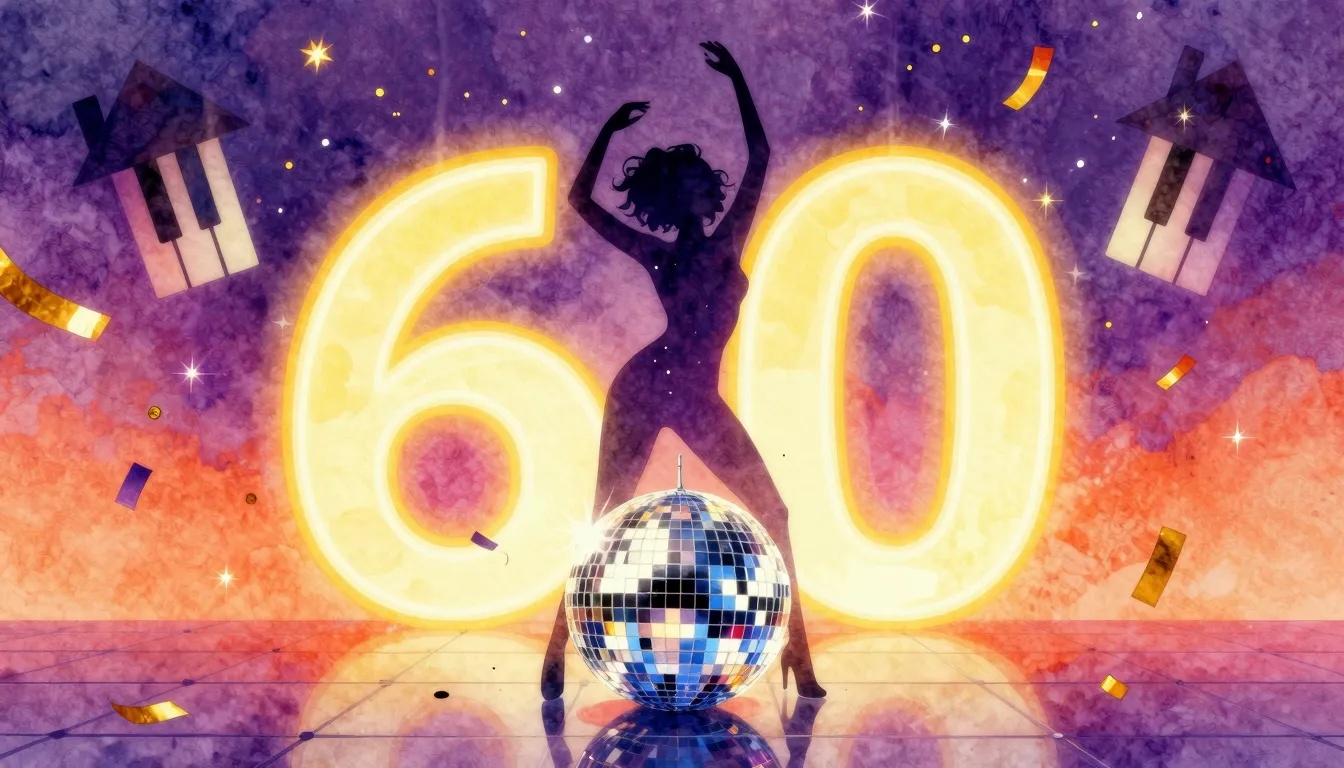 Vibrant watercolor style. Vibrant disco album cover, retro 1...