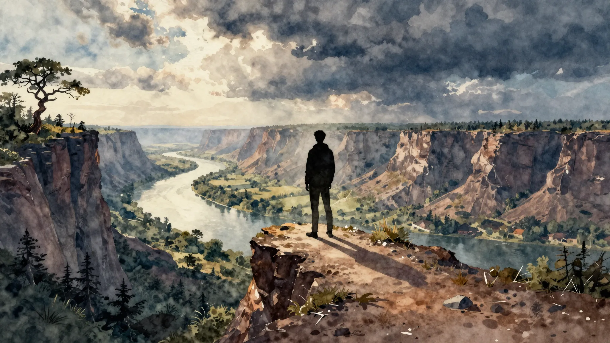 Watercolor style. A lone silhouette standing on a high cliff...