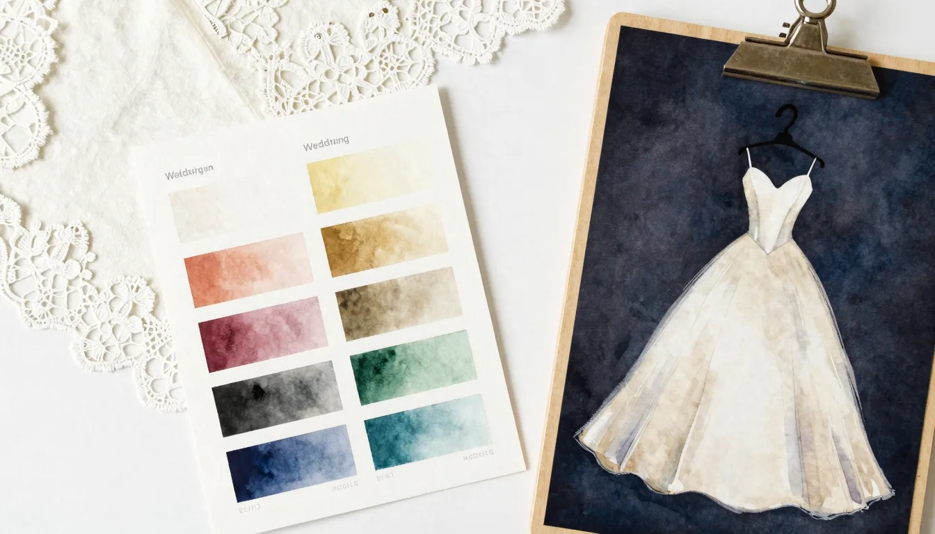 Watercolor style. Top view of a designer's workspace, weddin...