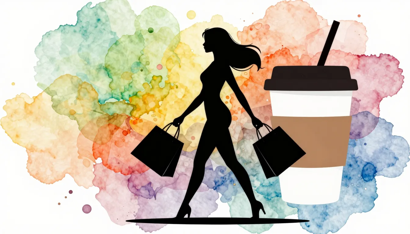 Watercolor style. Silhouette of a dynamic woman with shoppin...