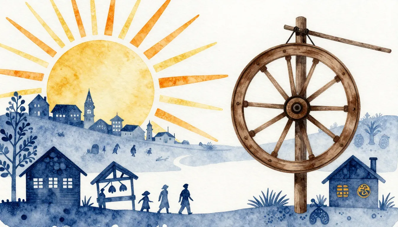 Watercolor style. Folk art style, silhouettes of a village f...