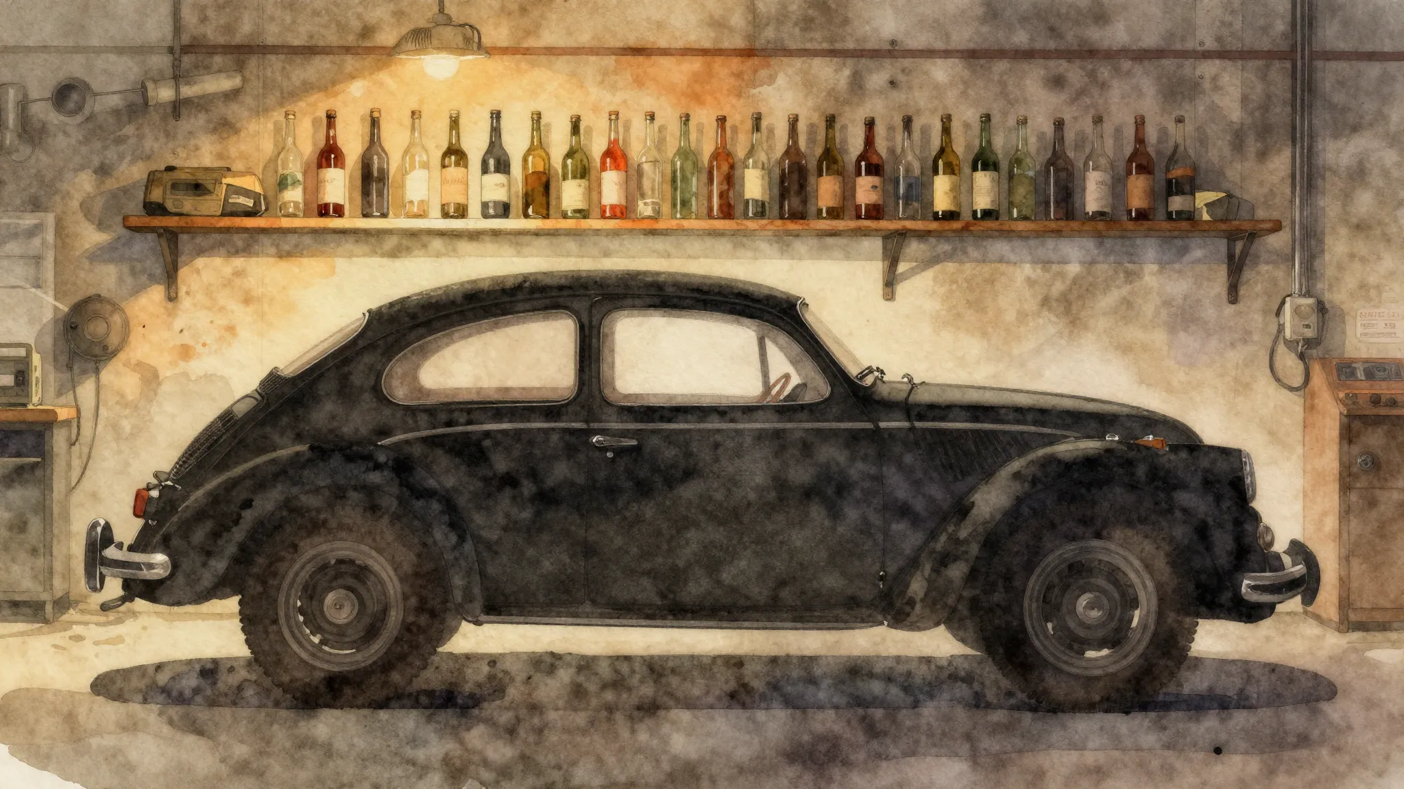 Watercolor style. Silhouette of a vintage car and glass bott...
