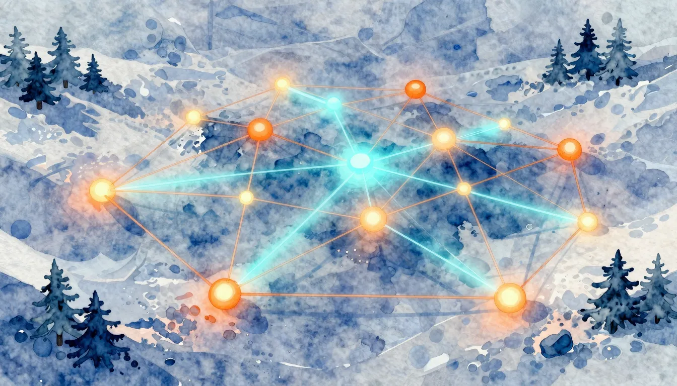 Watercolor style. Abstract digital network connecting glowin...