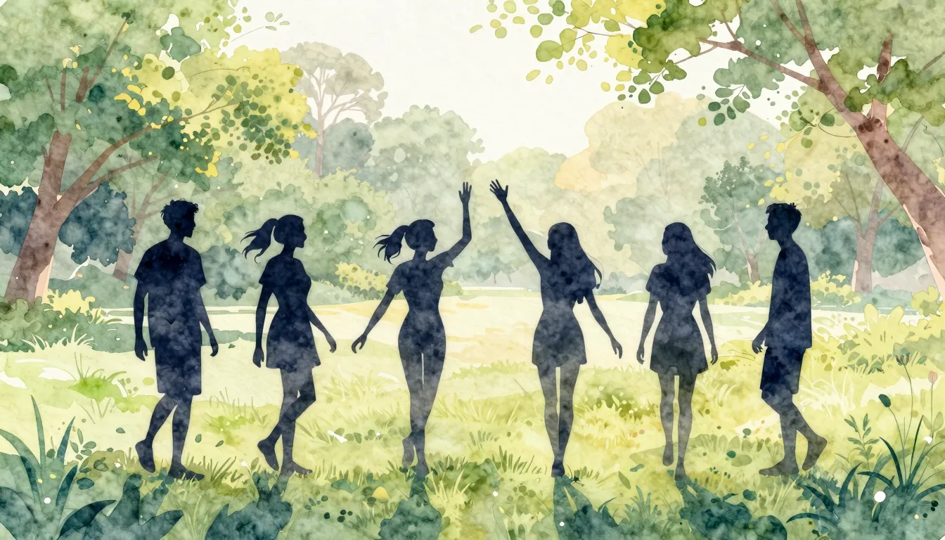 Watercolor style. Silhouettes of six friends playing in a su...