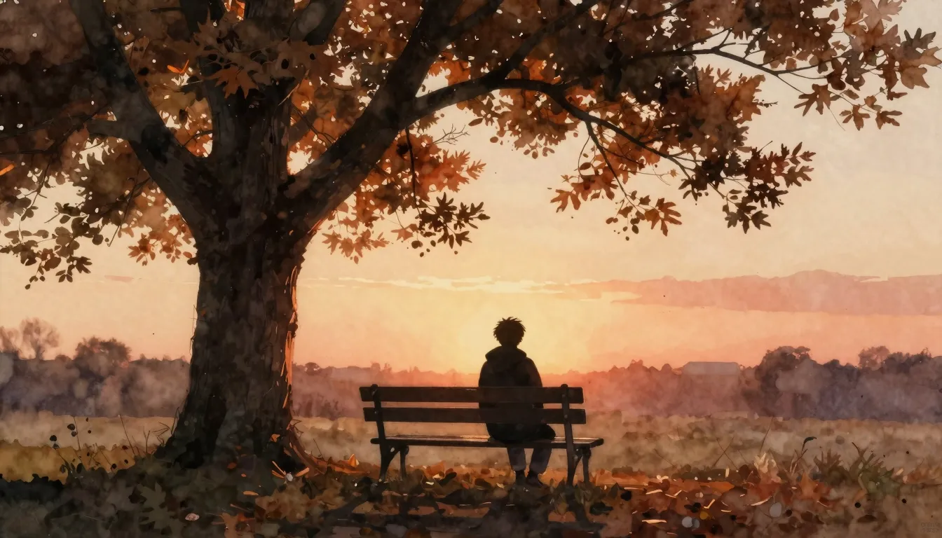 Watercolor style. Silhouette of a lonely person sitting on a...