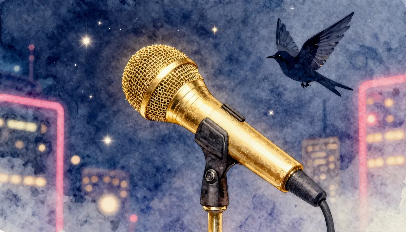 Watercolor style. A golden microphone on a stage with sparkl...