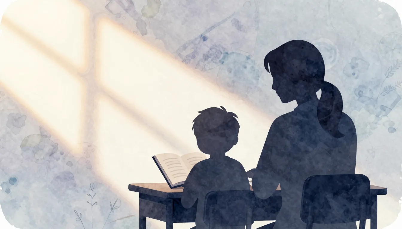 Watercolor style. Silhouette of a teacher and a child sittin...