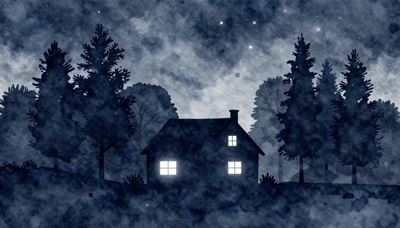 Watercolor style. A serene silhouette of a cozy house with a...