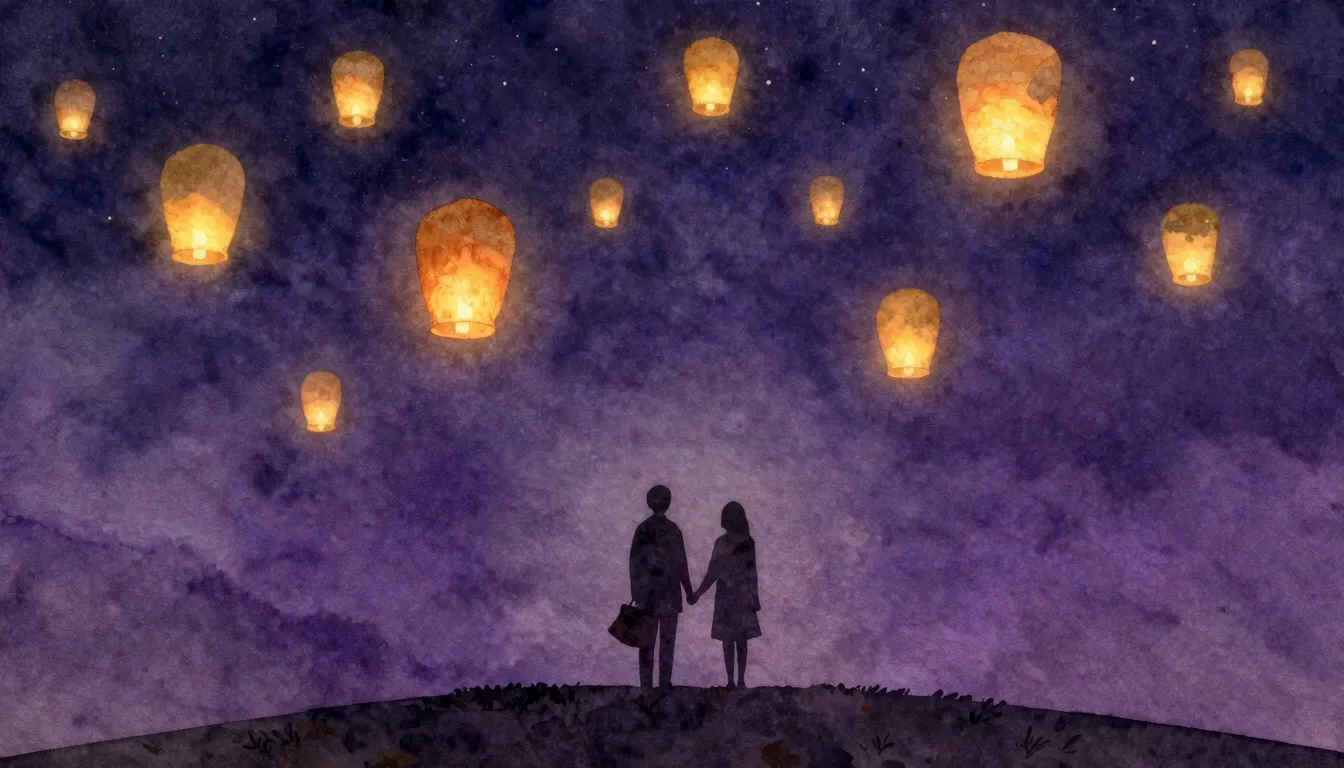 Watercolor style. Silhouettes of a couple standing on a hill...