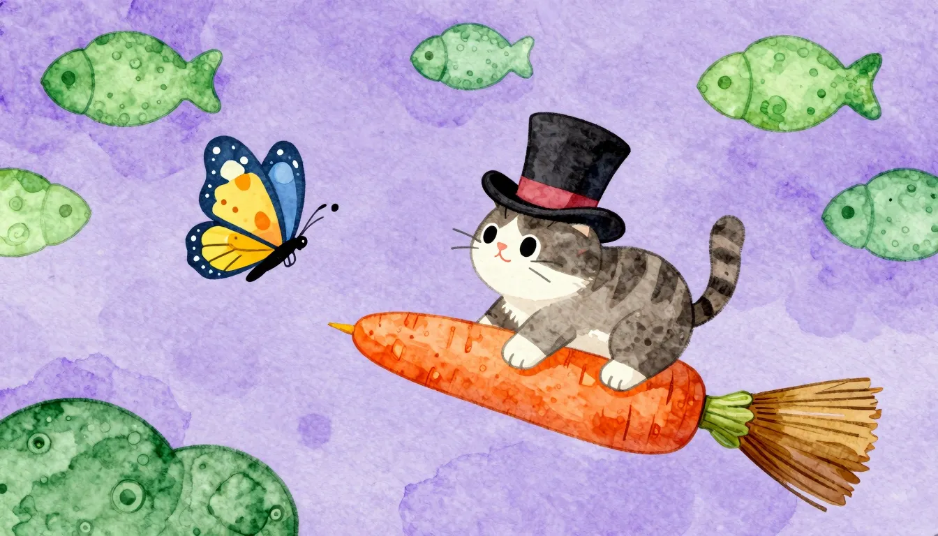 Watercolor style. A whimsical, surreal landscape where a cat...