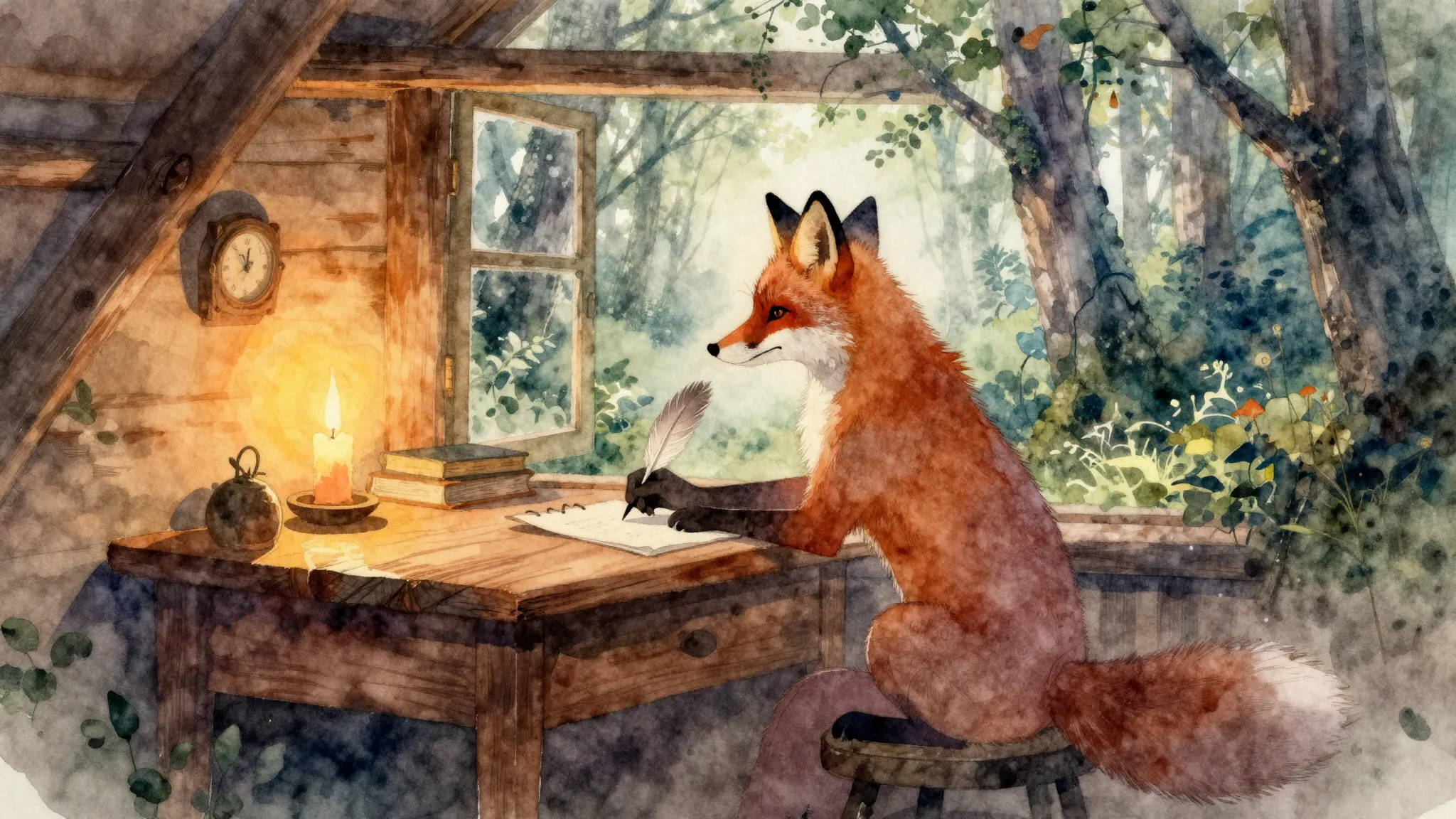 Watercolor style. Silhouette of a fox sitting at a wooden de...