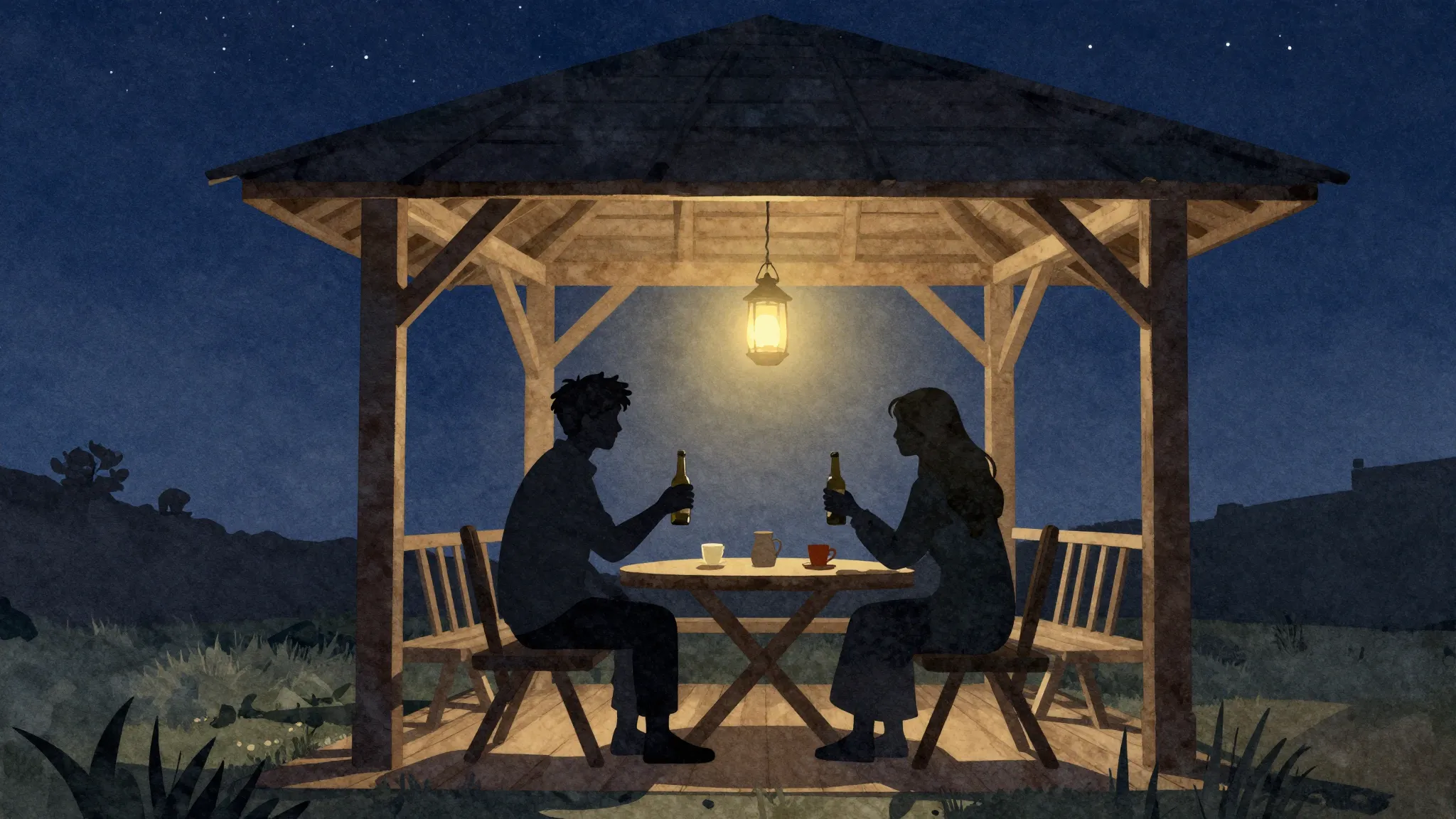 Watercolor style. Silhouette of two friends sitting in a woo...