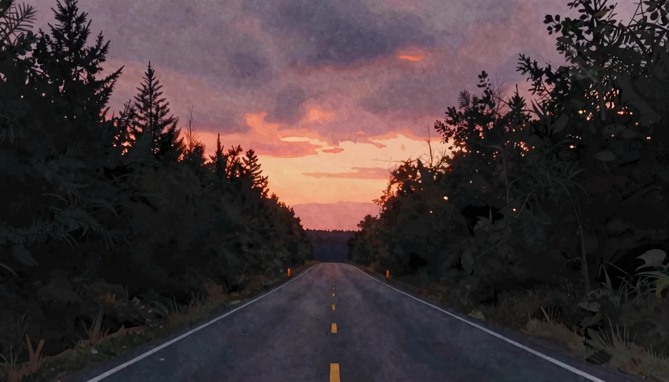 Watercolor style. A lonely road stretching into the horizon ...