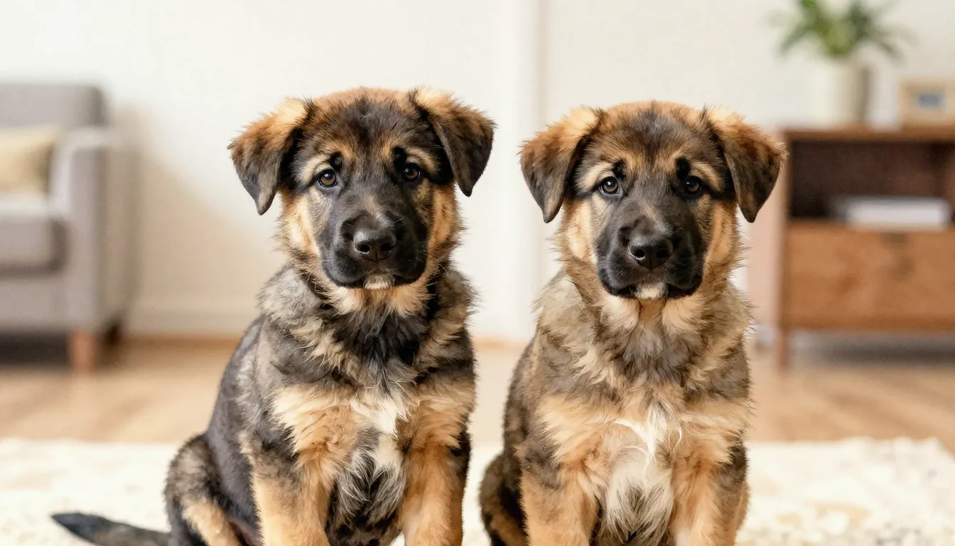 Watercolor style. Two East European Shepherd puppies sitting...