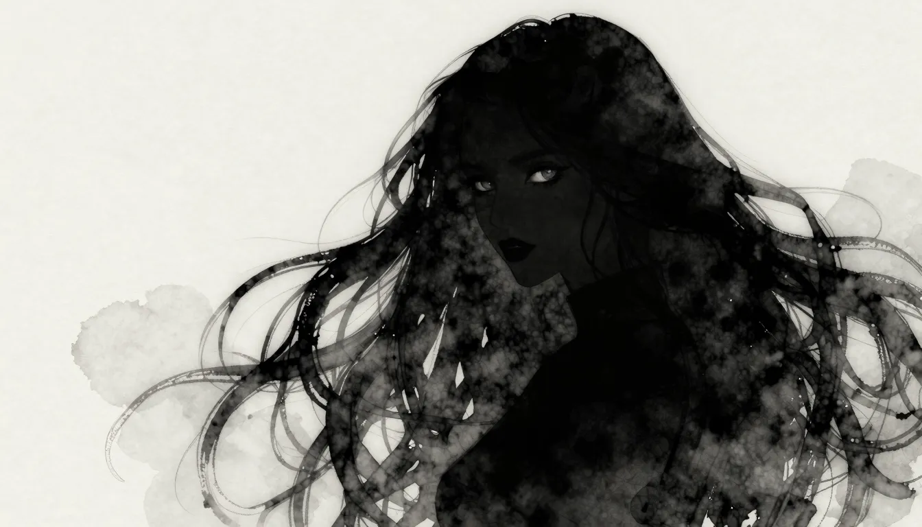 Watercolor style. Silhouette of a woman with long flowing bl...