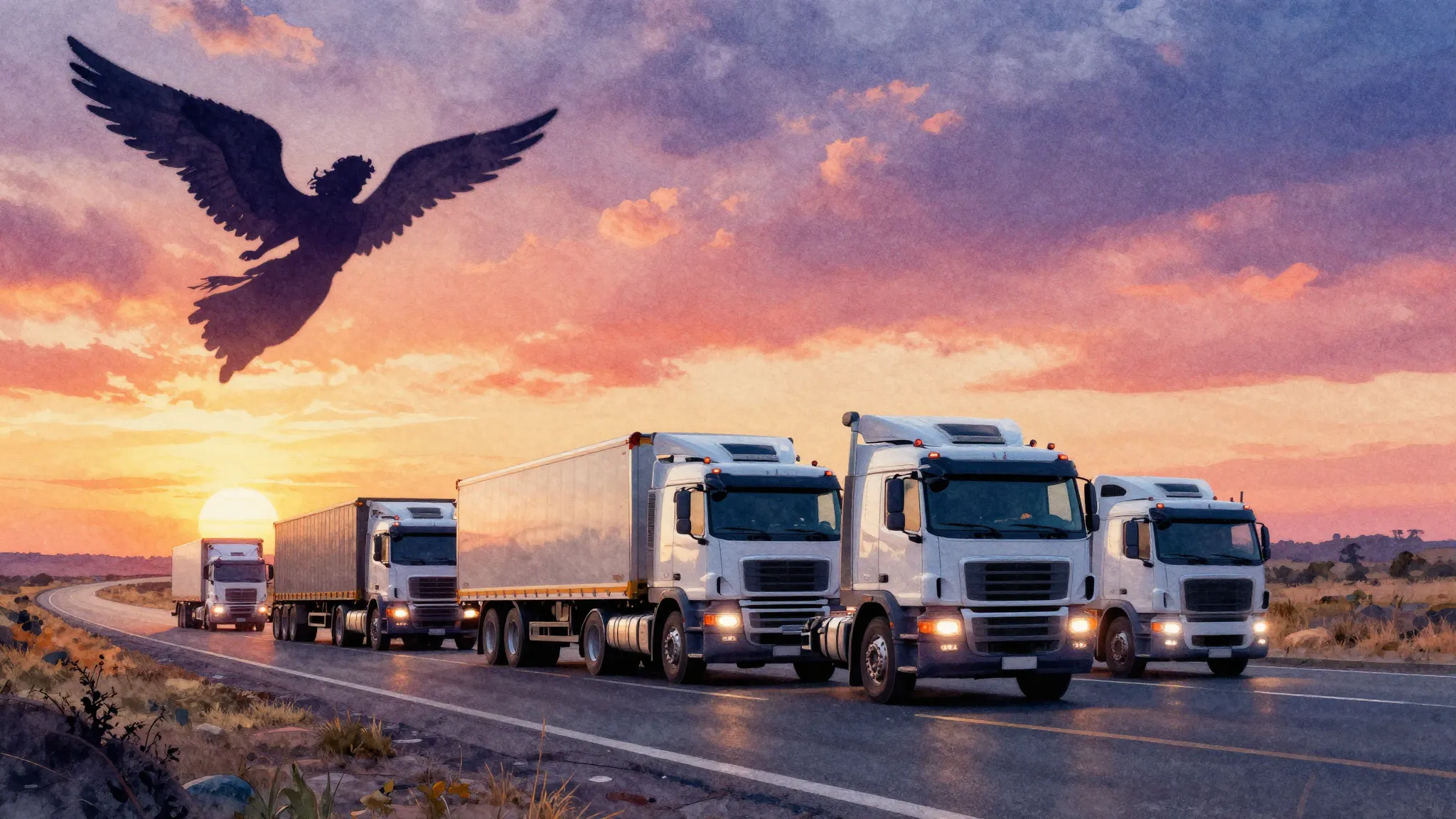 Vibrant watercolor style. Rock album cover, convoy of trucks...