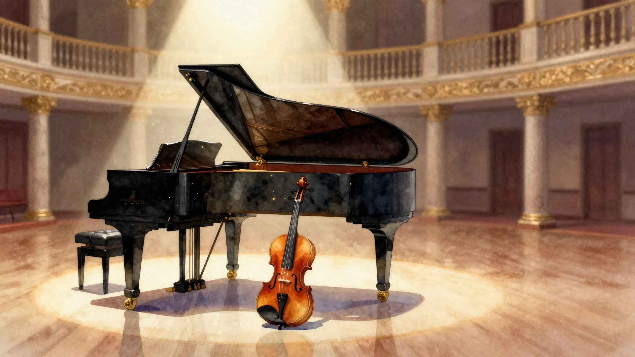 Watercolor style. Grand piano in a spotlight, golden dust pa...