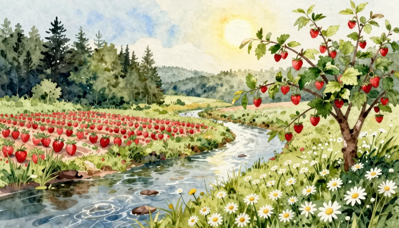 Watercolor style. A beautiful landscape with a shallow river...