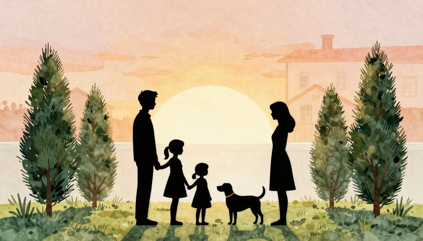 Watercolor style. Silhouettes of a family of four and a dog ...