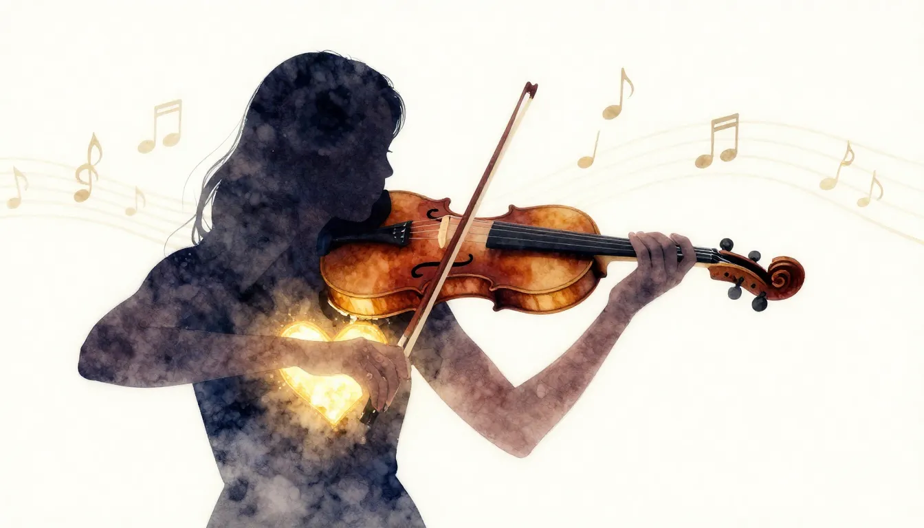 Watercolor style. Silhouette of a person playing a violin, g...