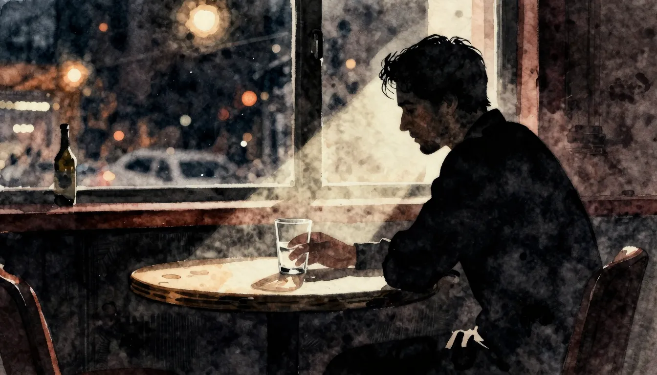 Watercolor style. A silhouette of a man sitting at a table i...