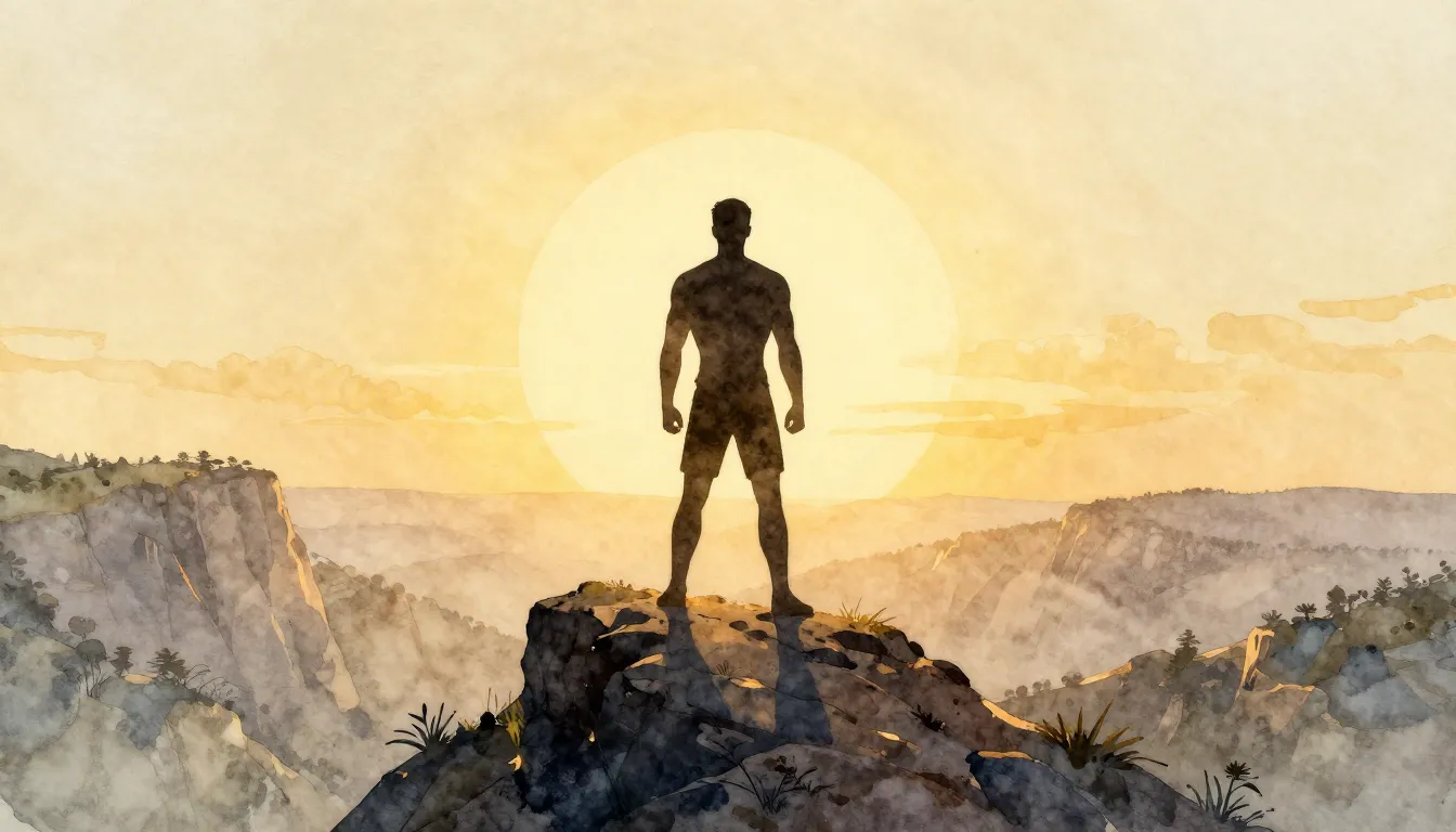 Watercolor style. A silhouette of a strong figure standing o...