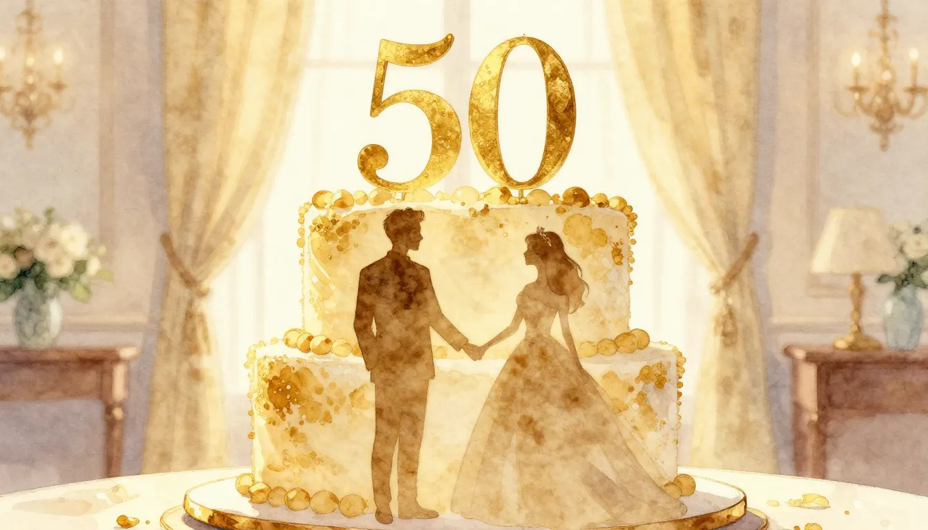 Watercolor style. Golden wedding anniversary scene, a large ...