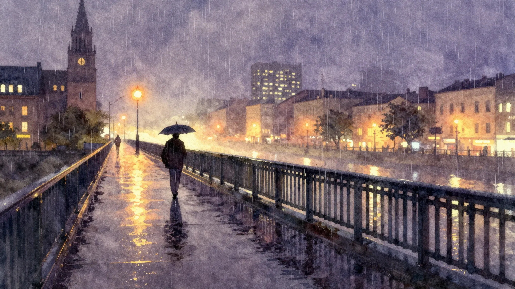 Vibrant watercolor style. Rainy city night, lonely figure on...