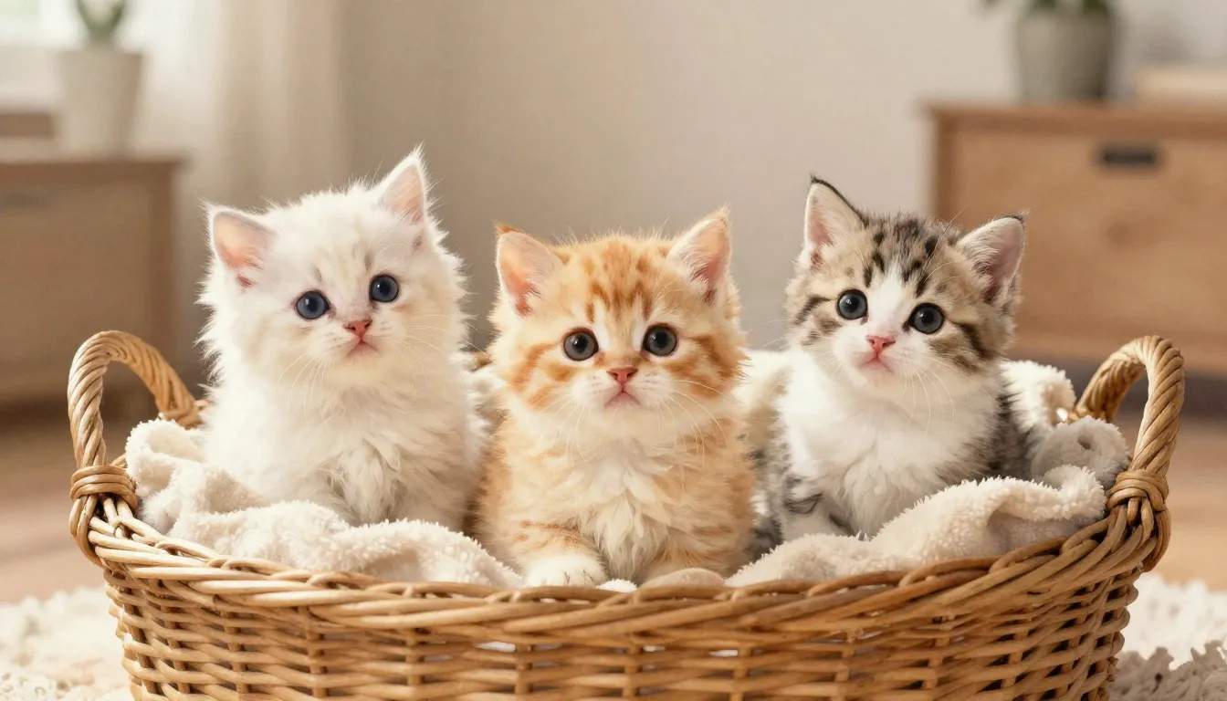 Watercolor style. A group of three cute fluffy kittens sitti...