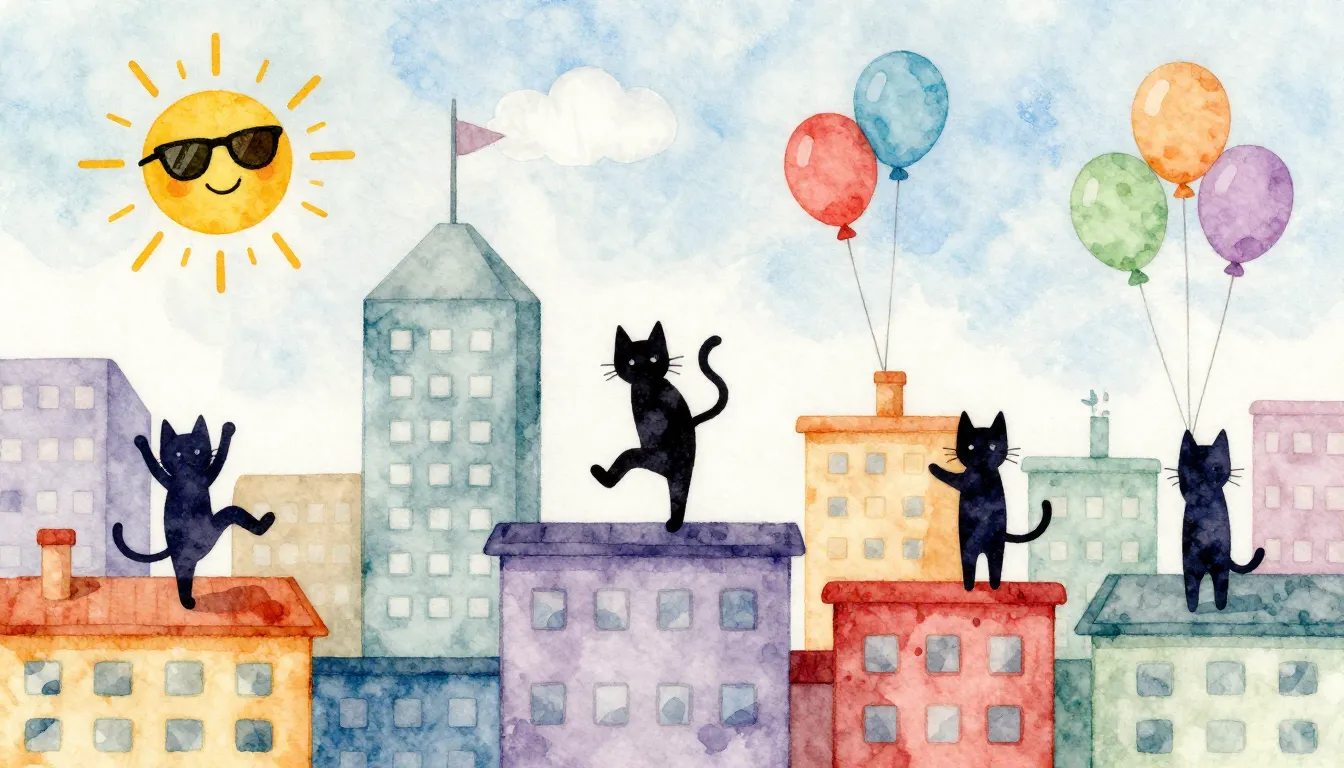 Watercolor style. A funny cartoon-style cityscape with danci...