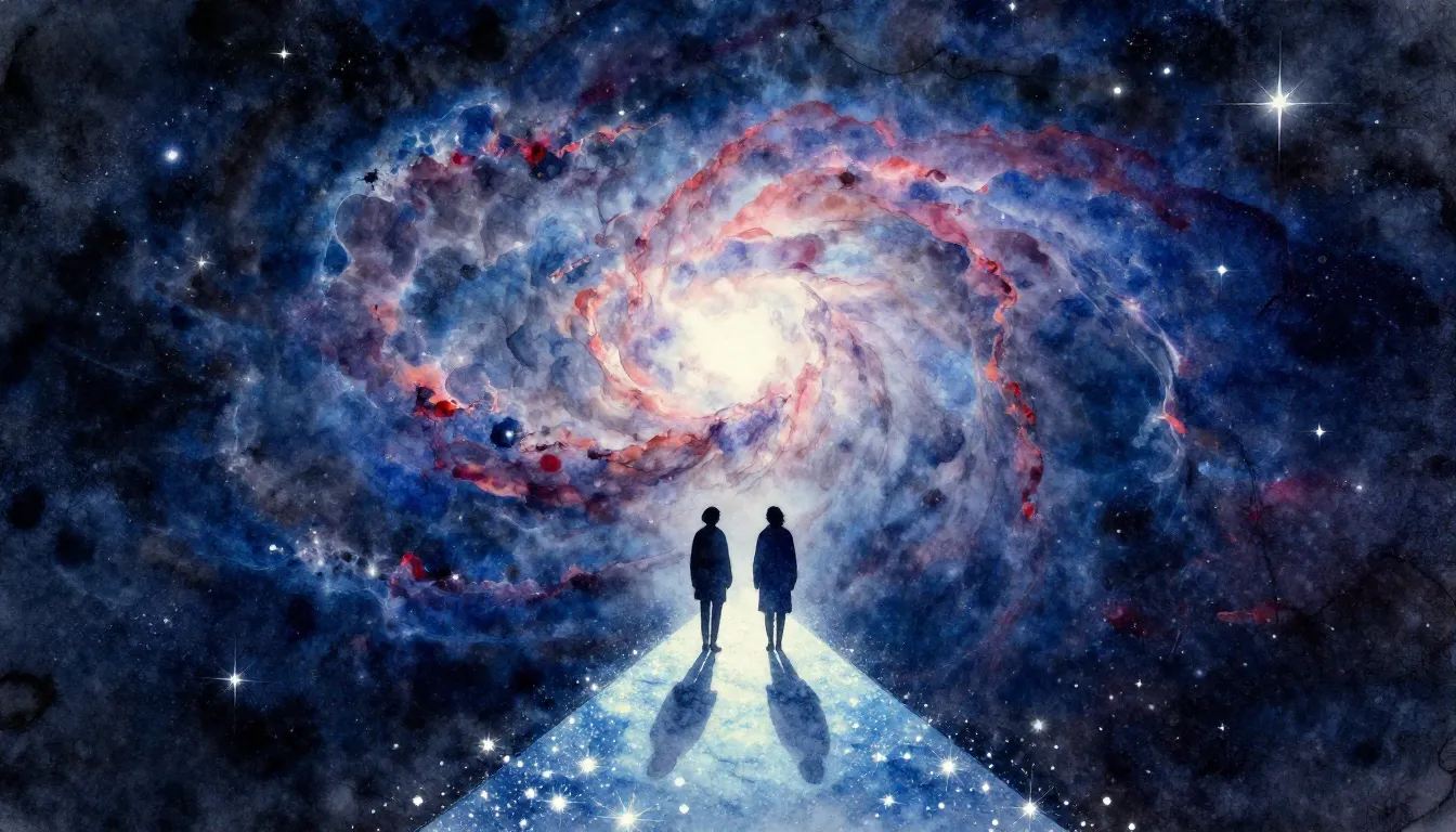 Watercolor style. A silhouette of two figures standing on a ...