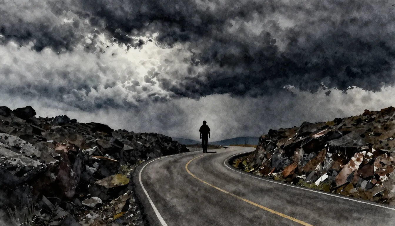 Watercolor style. Silhouette of a lone traveler on a winding...