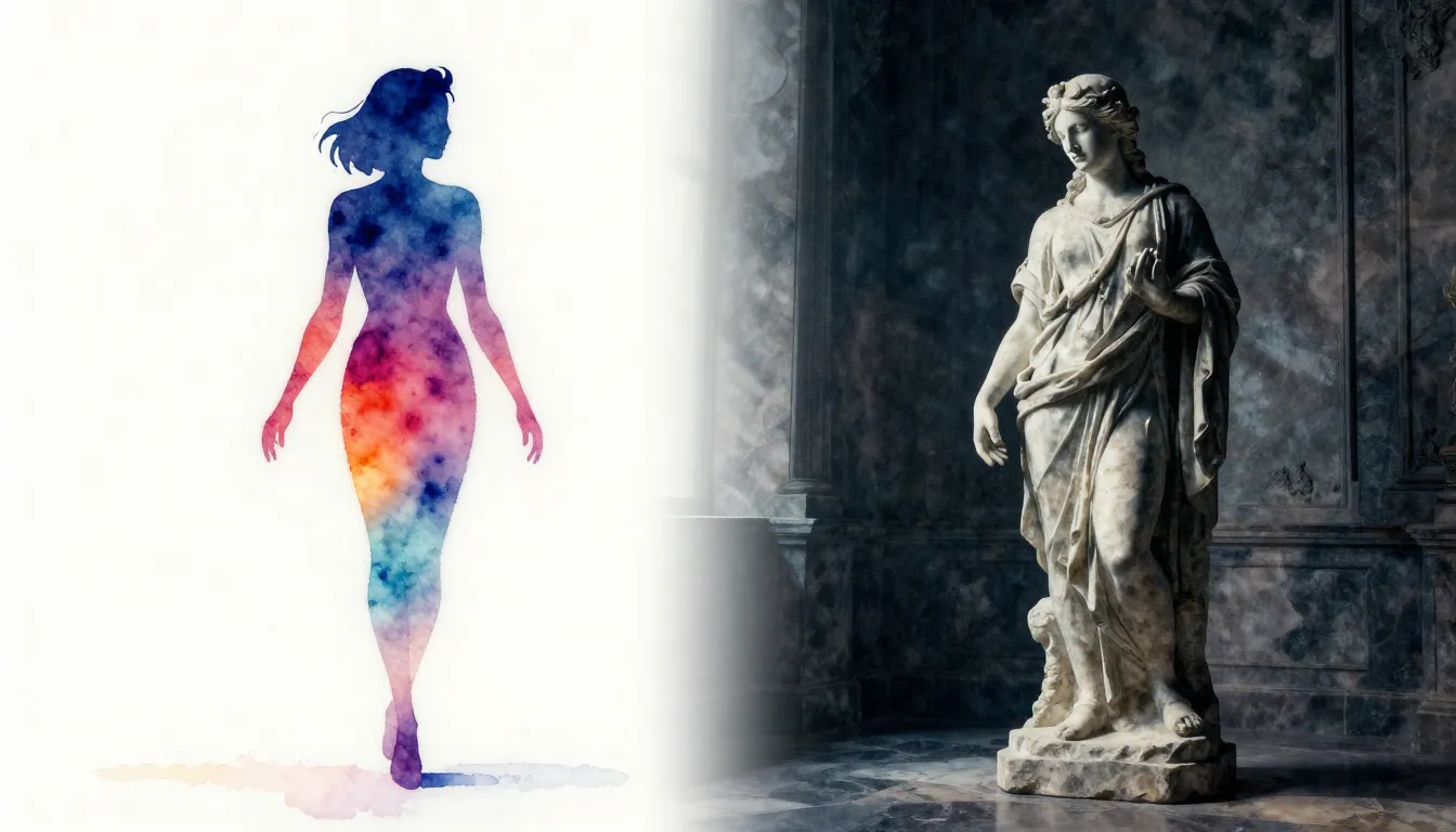 Watercolor style. A split composition: one side shows a brig...