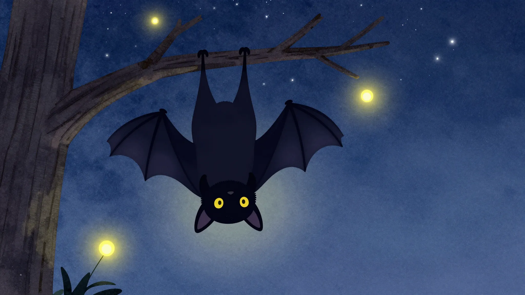 Watercolor style. A cute cartoon bat hanging upside down fro...