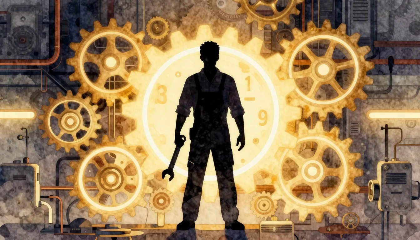 Watercolor style. Silhouette of a mechanic holding a wrench,...