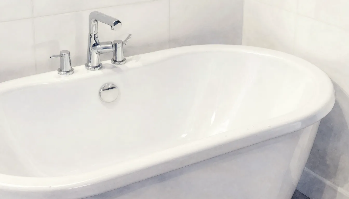 Watercolor style. A sparkling clean white bathtub in a brigh...